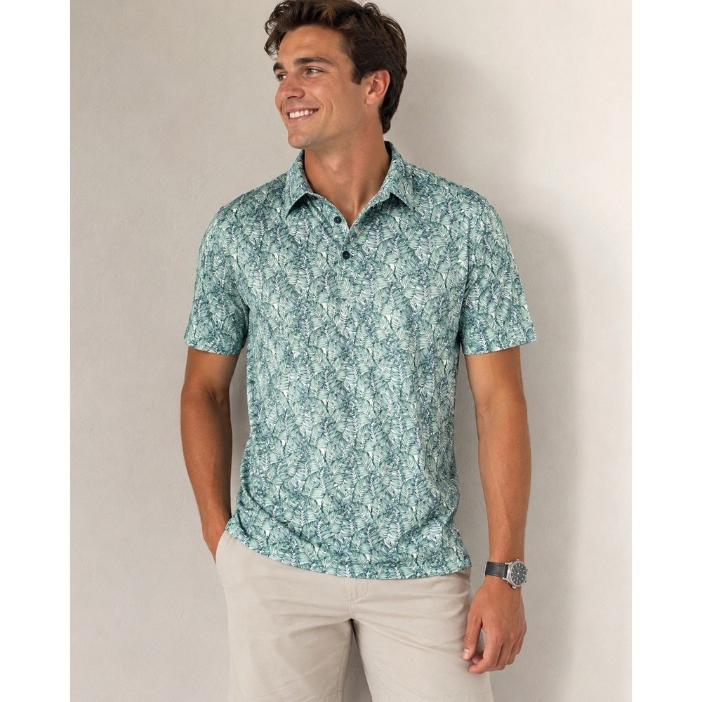 7Diamonds Green/White Tropical Floral Print Stretch Short Sleeve Button-Up S
